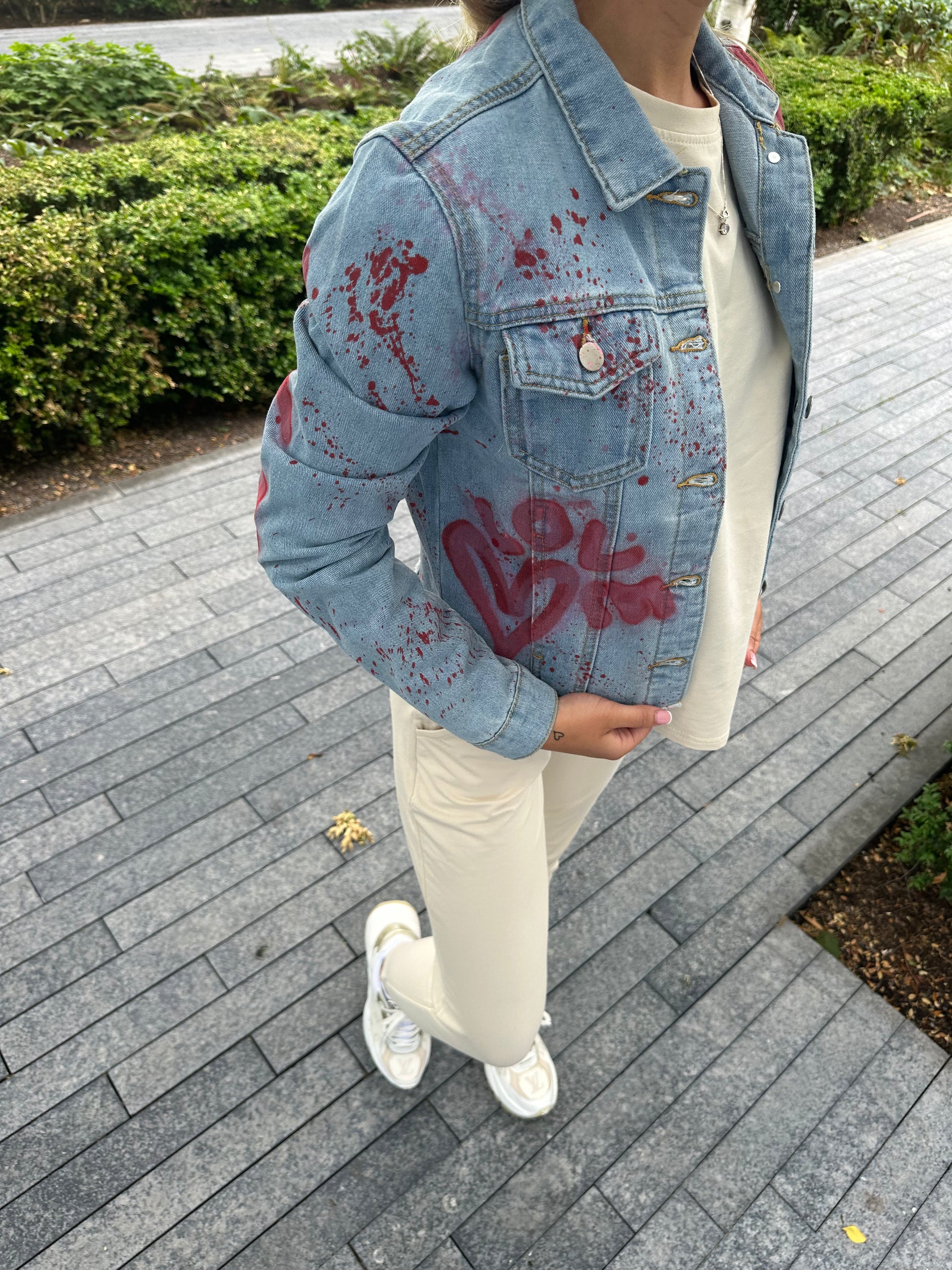 Red top with denim jacket 2025